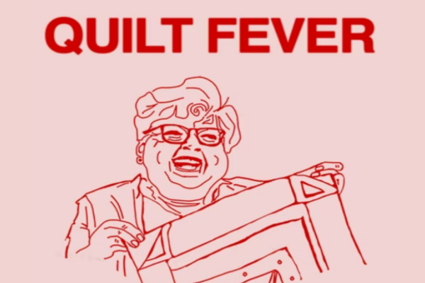A line drawing of a woman holding a corner of a quilt and laughing. It says Quilt Fever