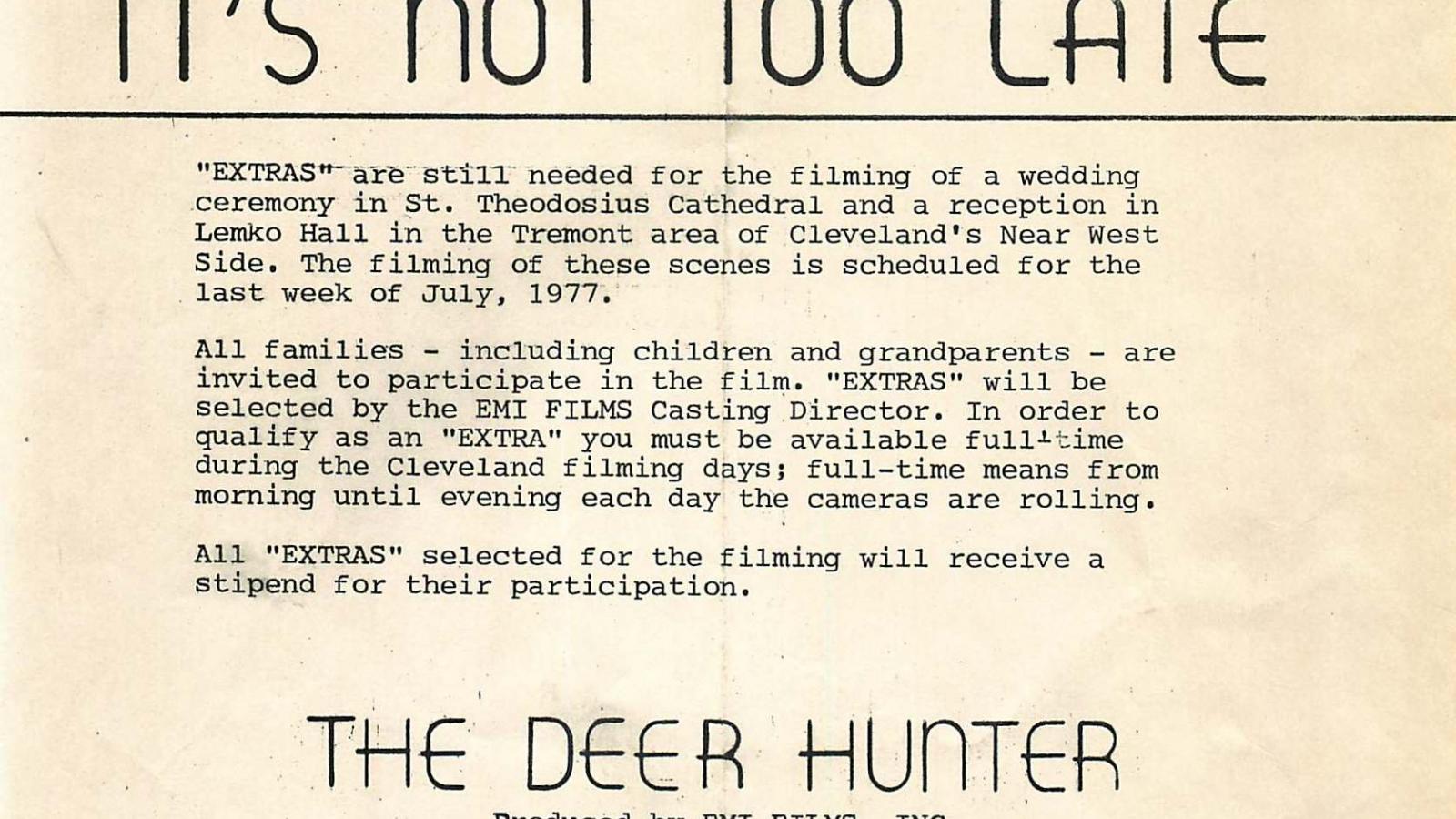 Flier calling for extras for the feature film, The Deer Hunter, July, 1977.