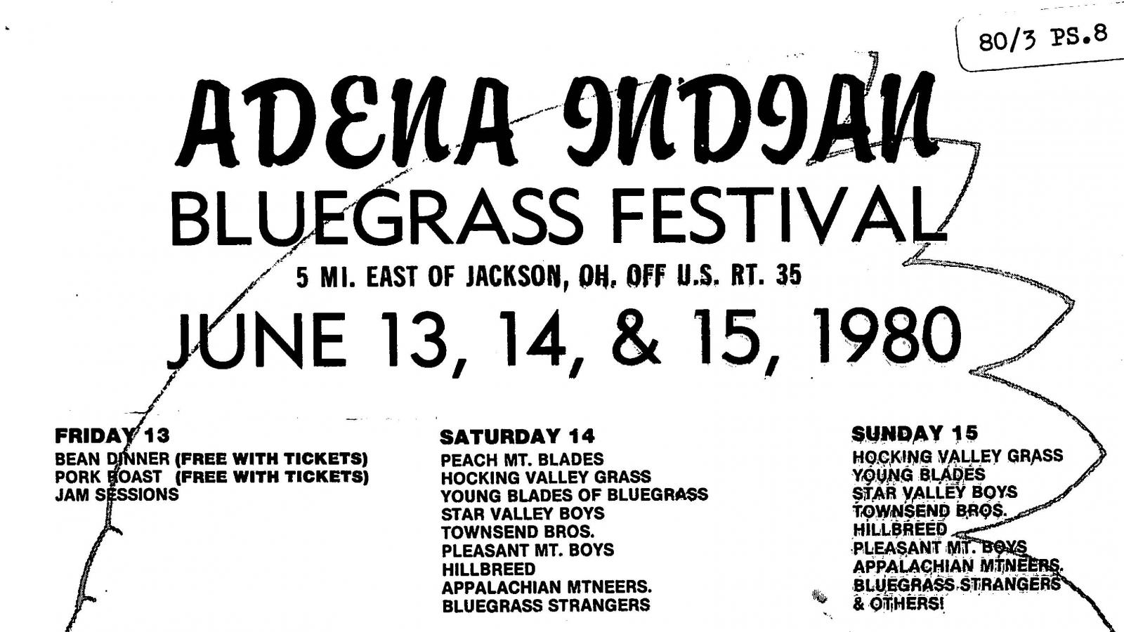 Promotional poster for the Adena Indian Bluegrass Festival, held southeast of Jackson, Ohio, on June 13,14, and 15, 1980