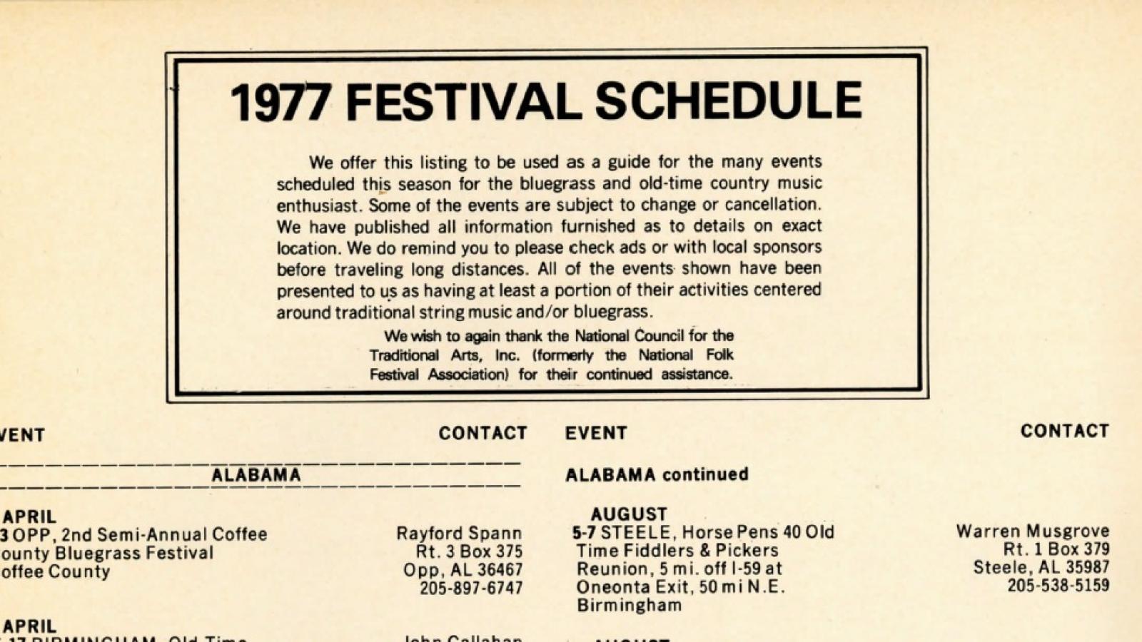 Listing of U.S. Bluegrass festivals in the spring and summer of 1977 in Bluegrass 77 magazine.
