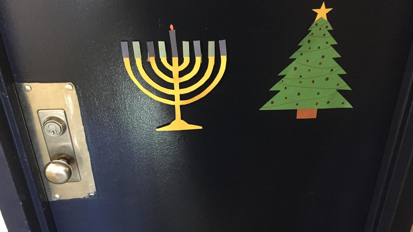 Ohio State University Campus Religion: Menorah and Christmas Tree in Taylor Tower
