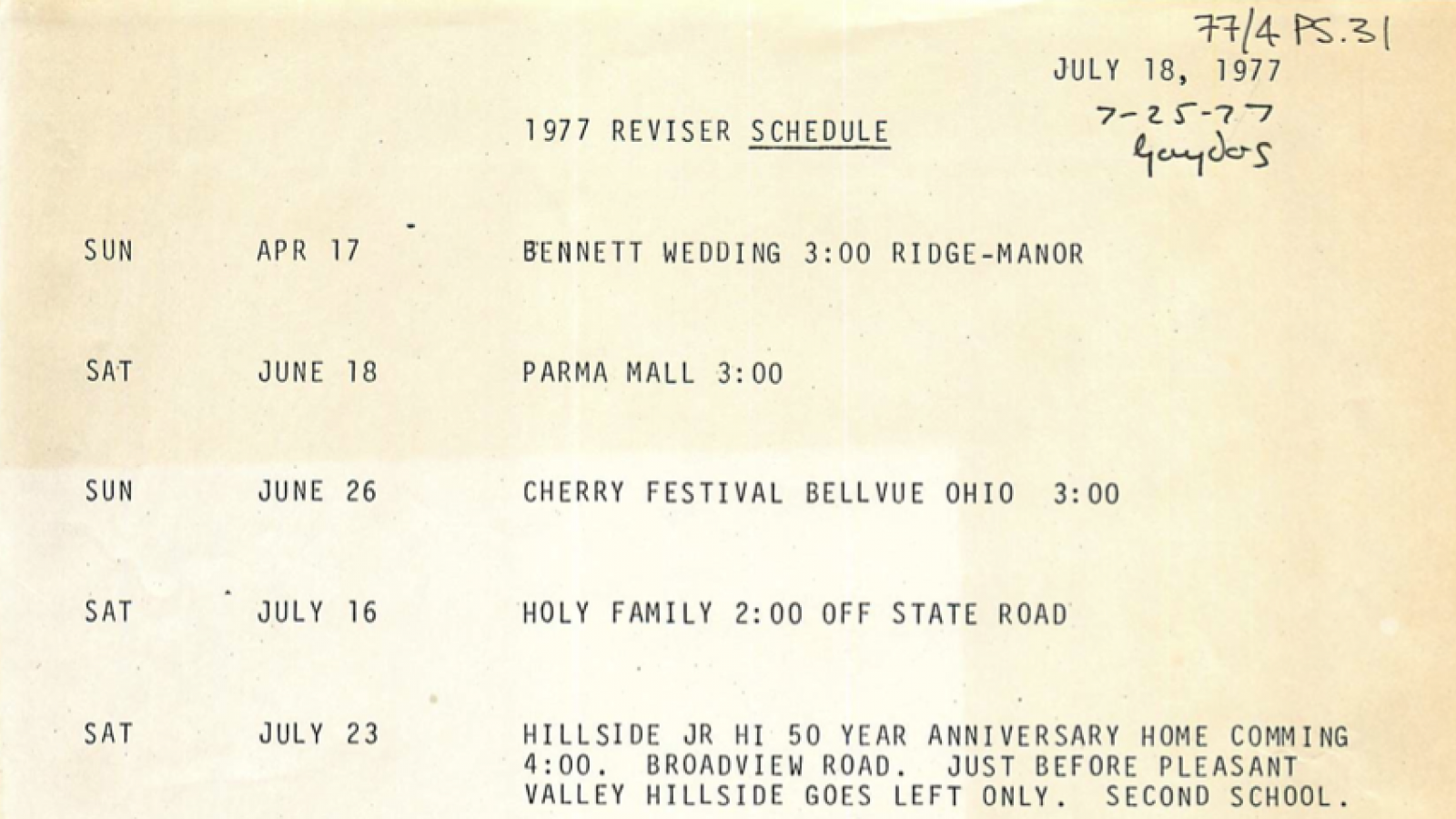 Schedule for the 1977 performances of the St. Theodosius Folk Dancers.