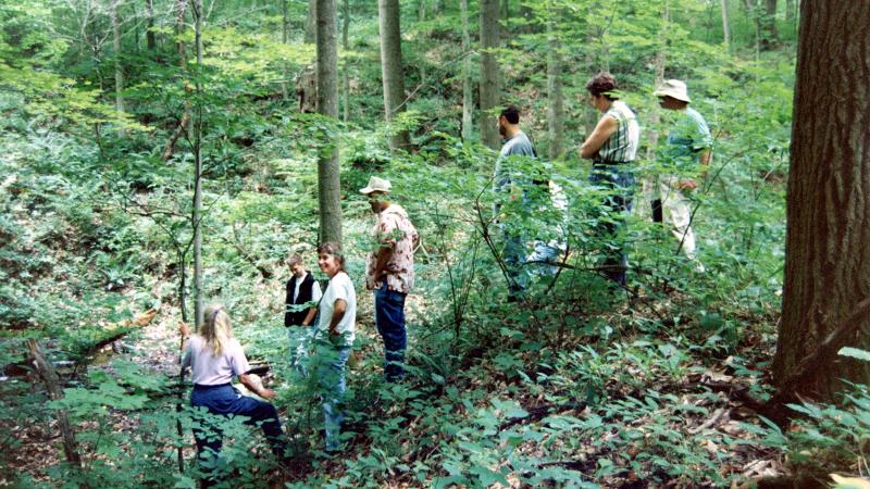 A group travelling to Tinker Cave. Present in the group are (from left) Marsha Wickle, Mary Ann Borch (third from left), Norah Newberg (second from right), and Mike Steinmaus (far right)