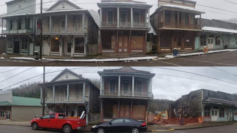 A before and after picture showing the collapse of a two-story wooden building on Main Street, Shawnee.