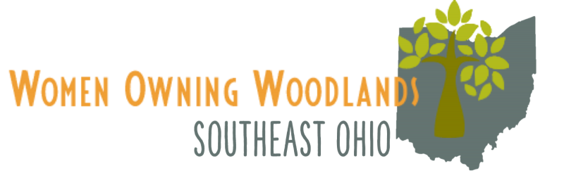 Image of the Southeast Ohio chapter of Women Owning Woodlands. There is a grey outline of the state of Ohio with a stylized green tree and orange text. The text is horizontal and the tree covers a large portion of the state. 