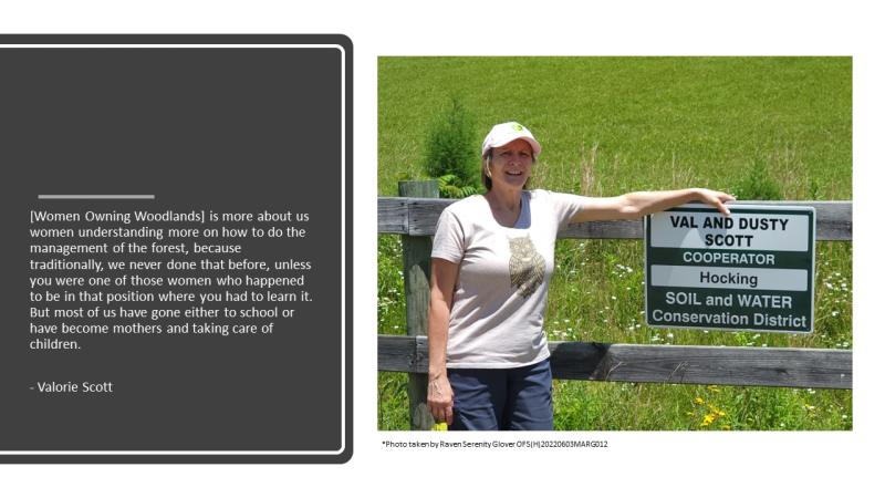 Val Scott posing on her land with her Hocking Soil and Water Conservation District Cooperator sign. Quote taken from an interview with Val on 6/3/22. 