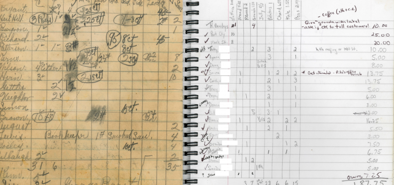 Side-by-side comparison of the 1934 Lapp farm book (left) and the 2013 Bradbury farm book (right).