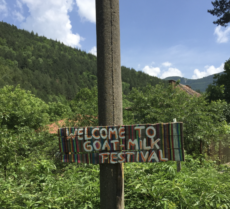 Image of greenery and a sign that says "goat milk festival" on a piece of wood and pillar