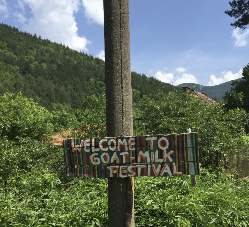 Greenery and a sign that says "goat milk festival"