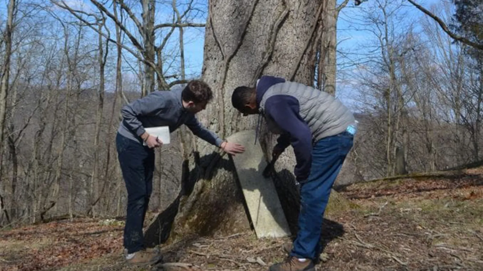 Jacob and Harry cleaning off an old military headstone.