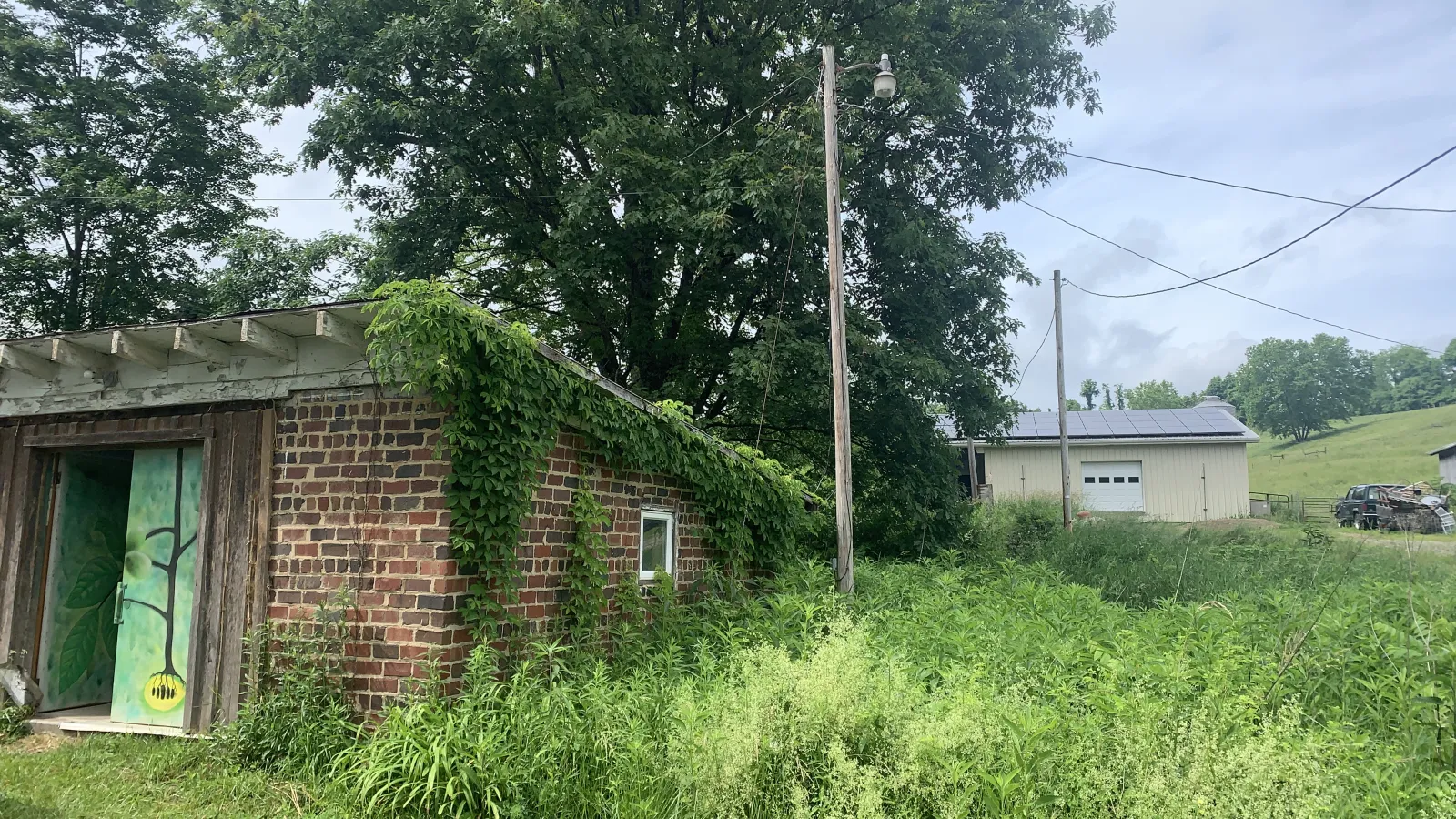 Brick building in a green grass field