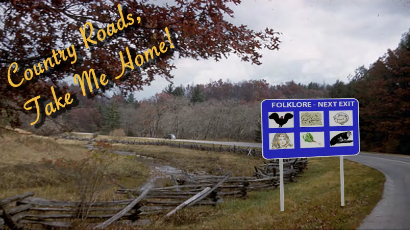 Billboard with folklore images on it: mothman, dolly parton, an animal
