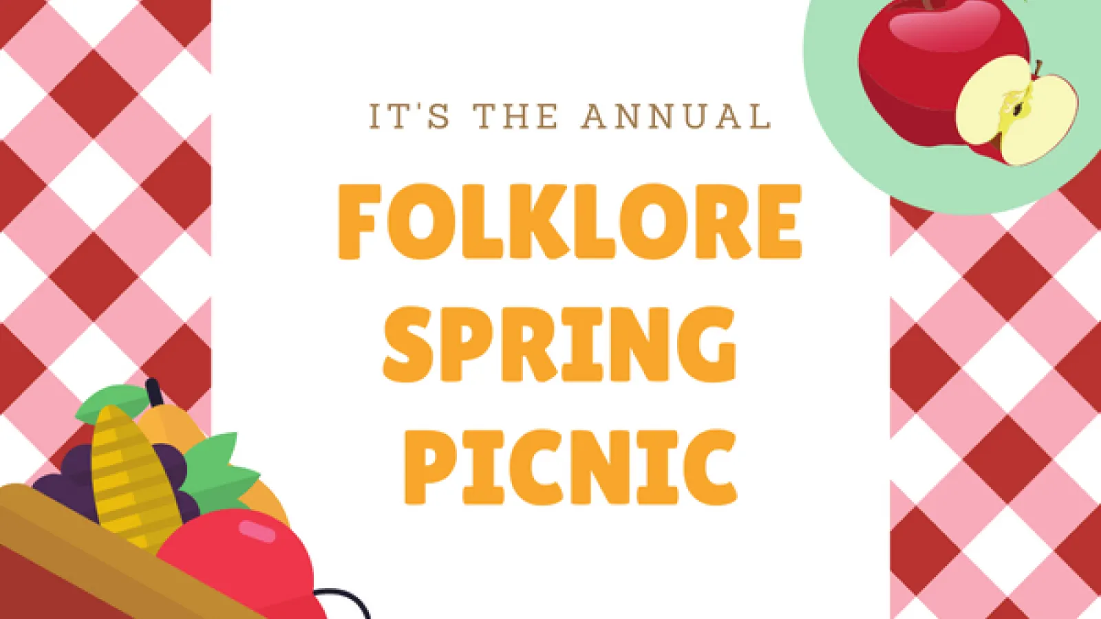 Logo with red checked picnic closth, a basket of fruit and an apple