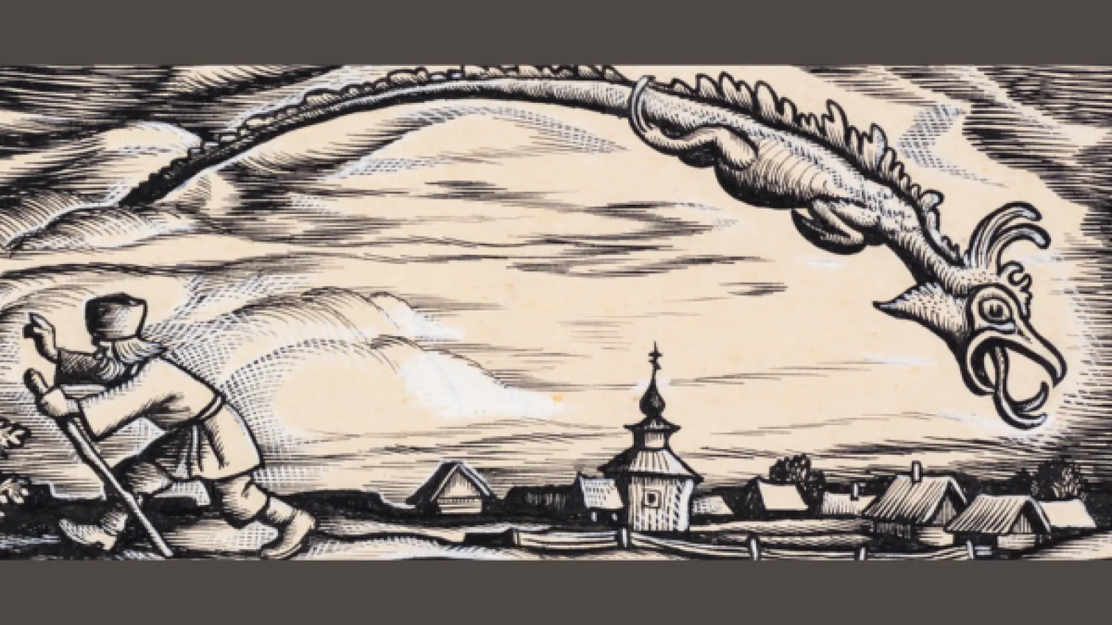Woodcut print of a huge dragon swooping down over a village