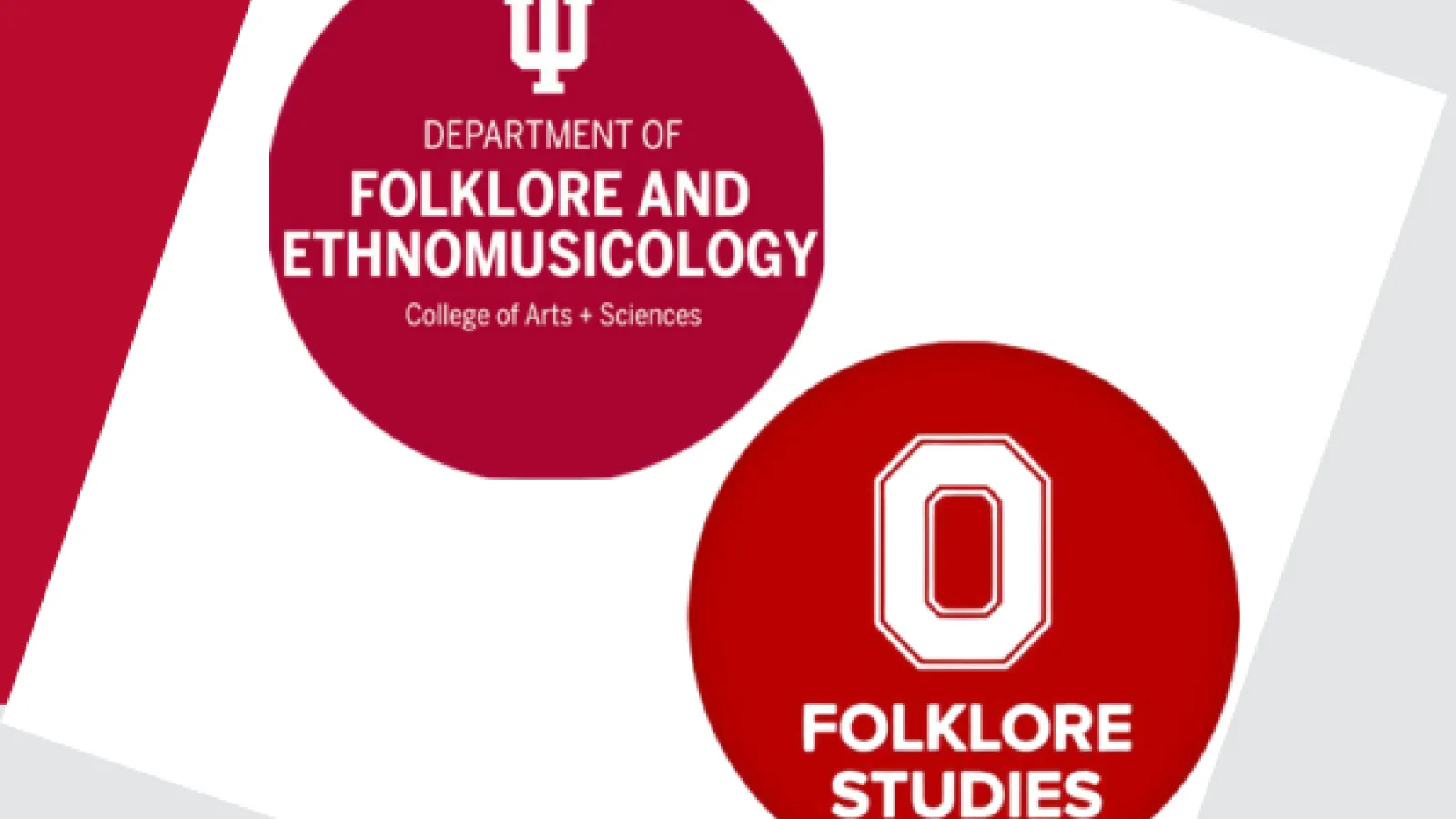 Red and white logos of the Department of Folklore and Ethnomusicology at Indiana University and the Department of Folklore Studies at The Ohio State University