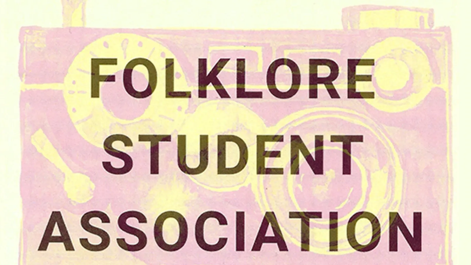 The Folklore Student Association (FSA) logo, a pink print of a camera on a yellow background