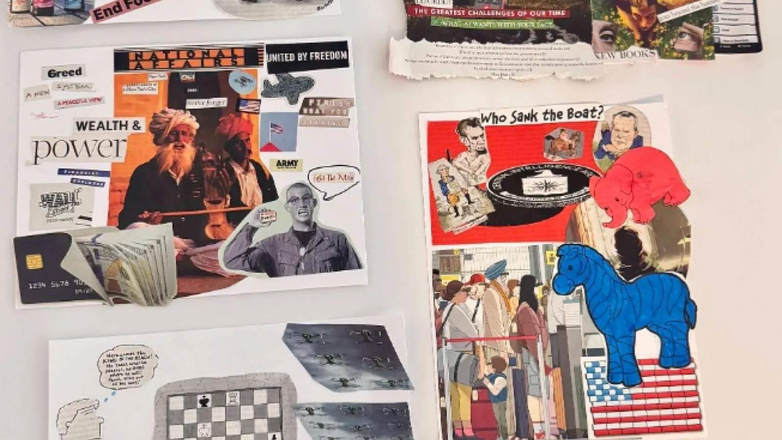 Five collages created by students, using mixed materials and methods.