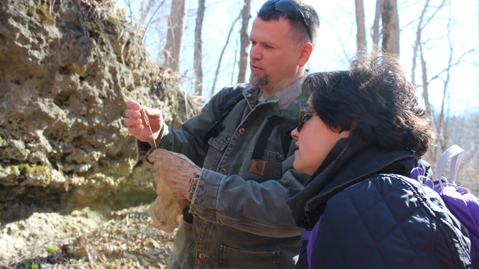 Josh Deemer chats with Cassie Patterson during a hike at Miller Sanctuary State Nature Preserve.