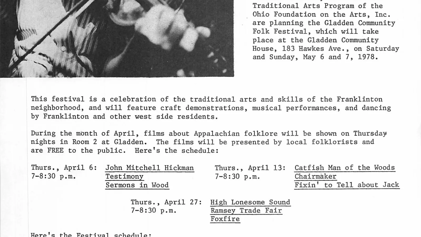 Flyer for Gladden Community Folk Festival in Columbus, May 5-6, 1978