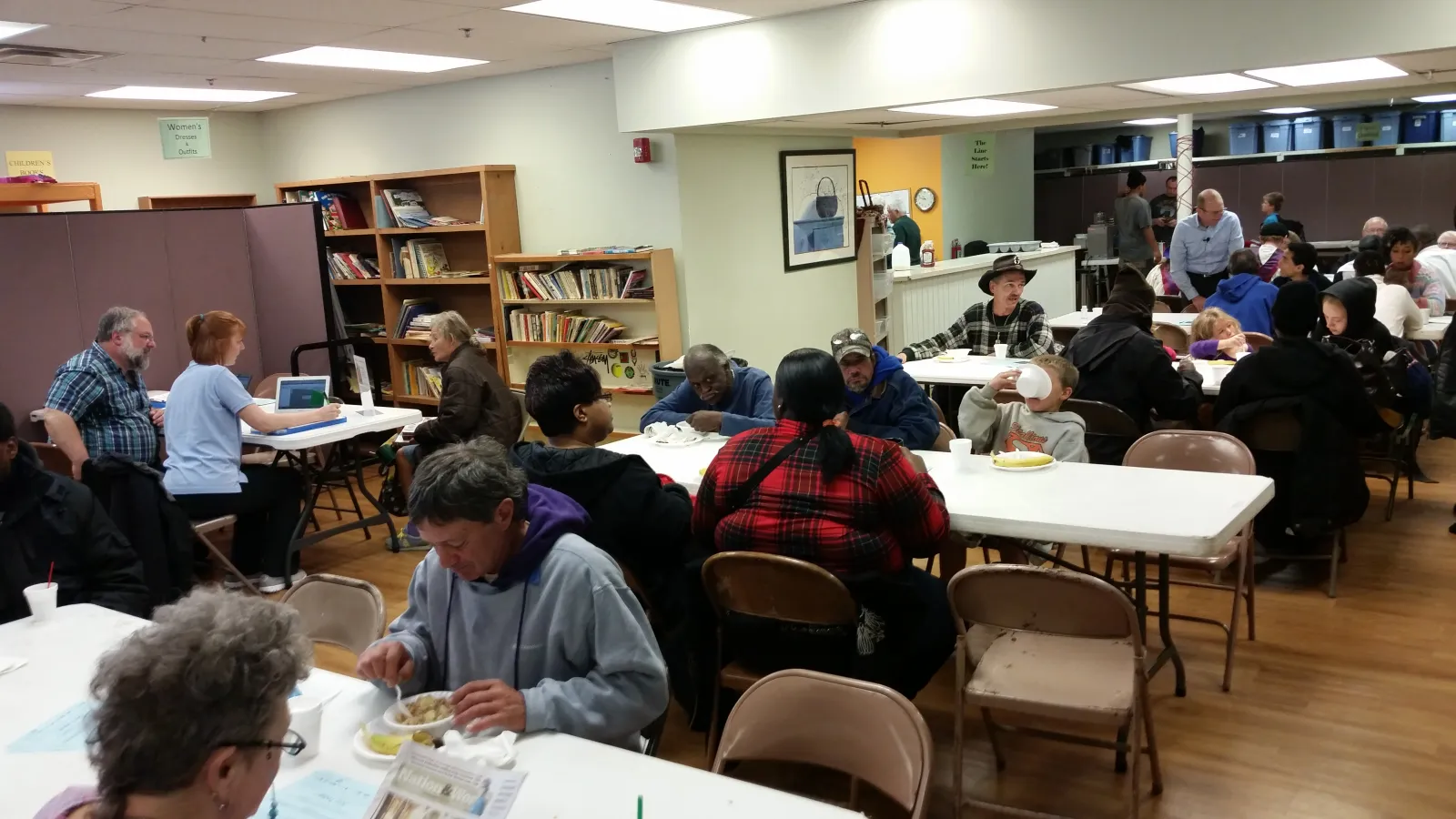 Everyone gathers for breakfast before services begin