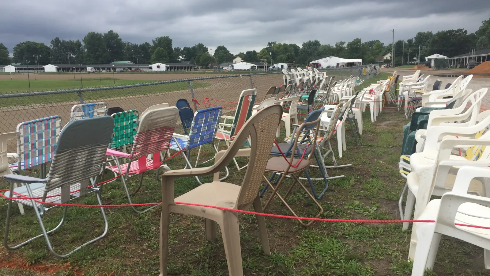 Chairs chained to the race track at the Delaware County fairgrounds