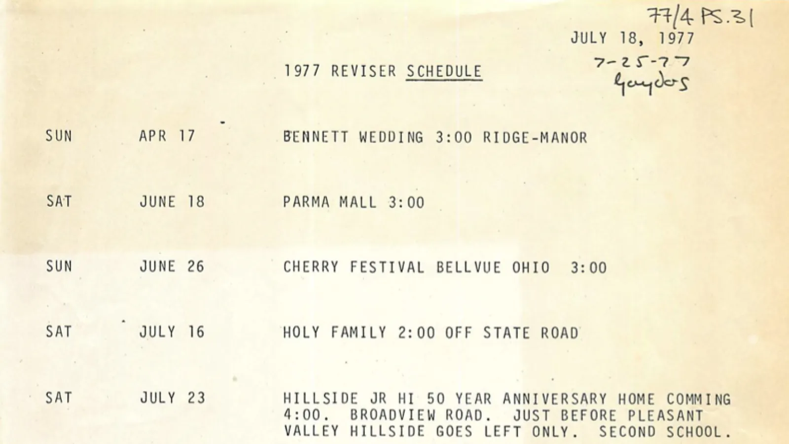 Schedule for the 1977 performances of the St. Theodosius Folk Dancers.