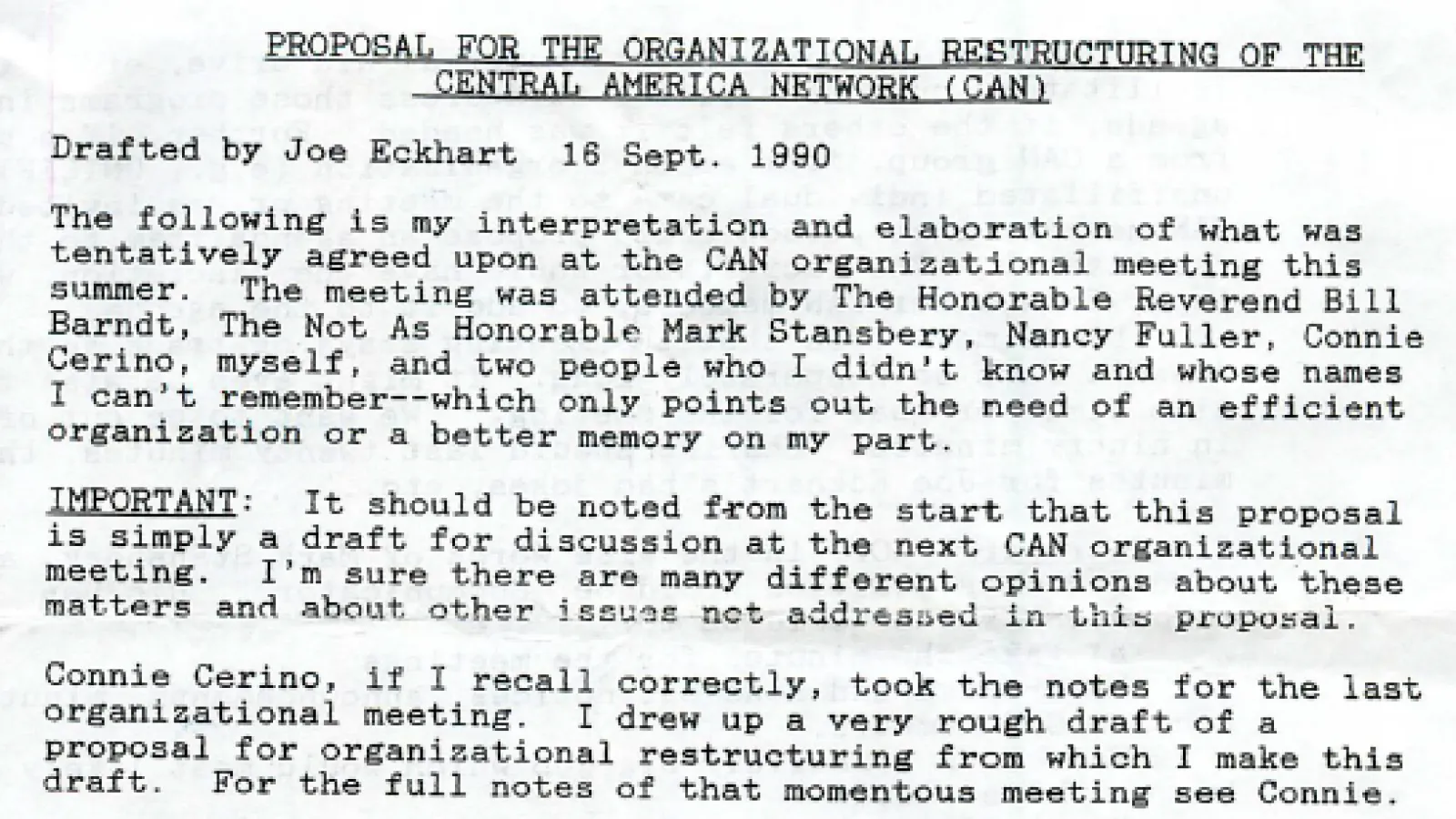 Proposal for Restructuring Central America Network Sept. 16, 1990