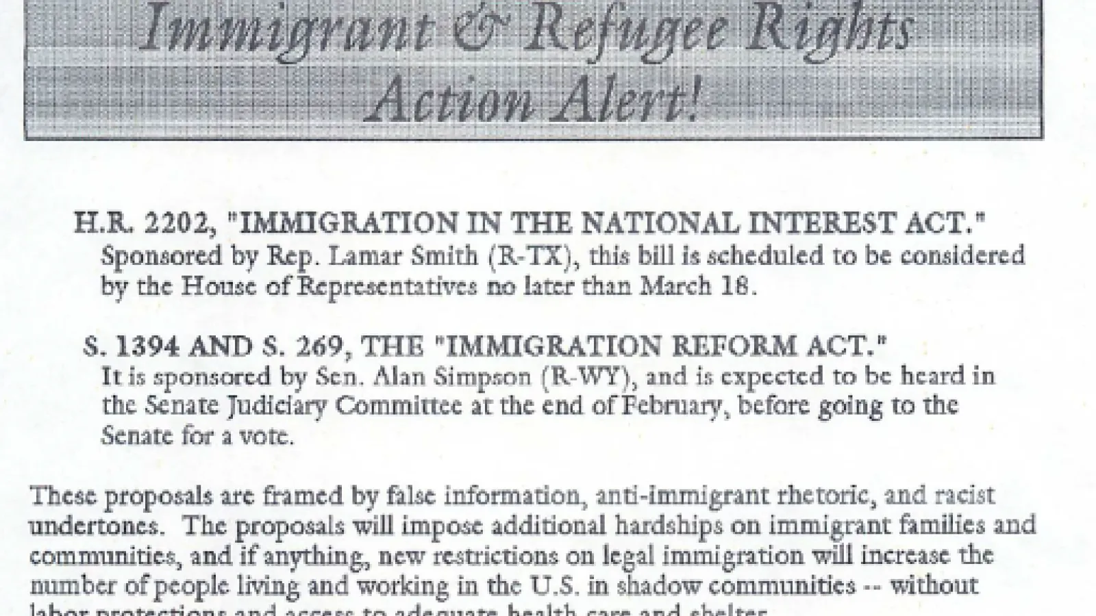 "Immigrant and Refugee Rights Action Alert!" H.R. 2202, S. 1394, and S. 269