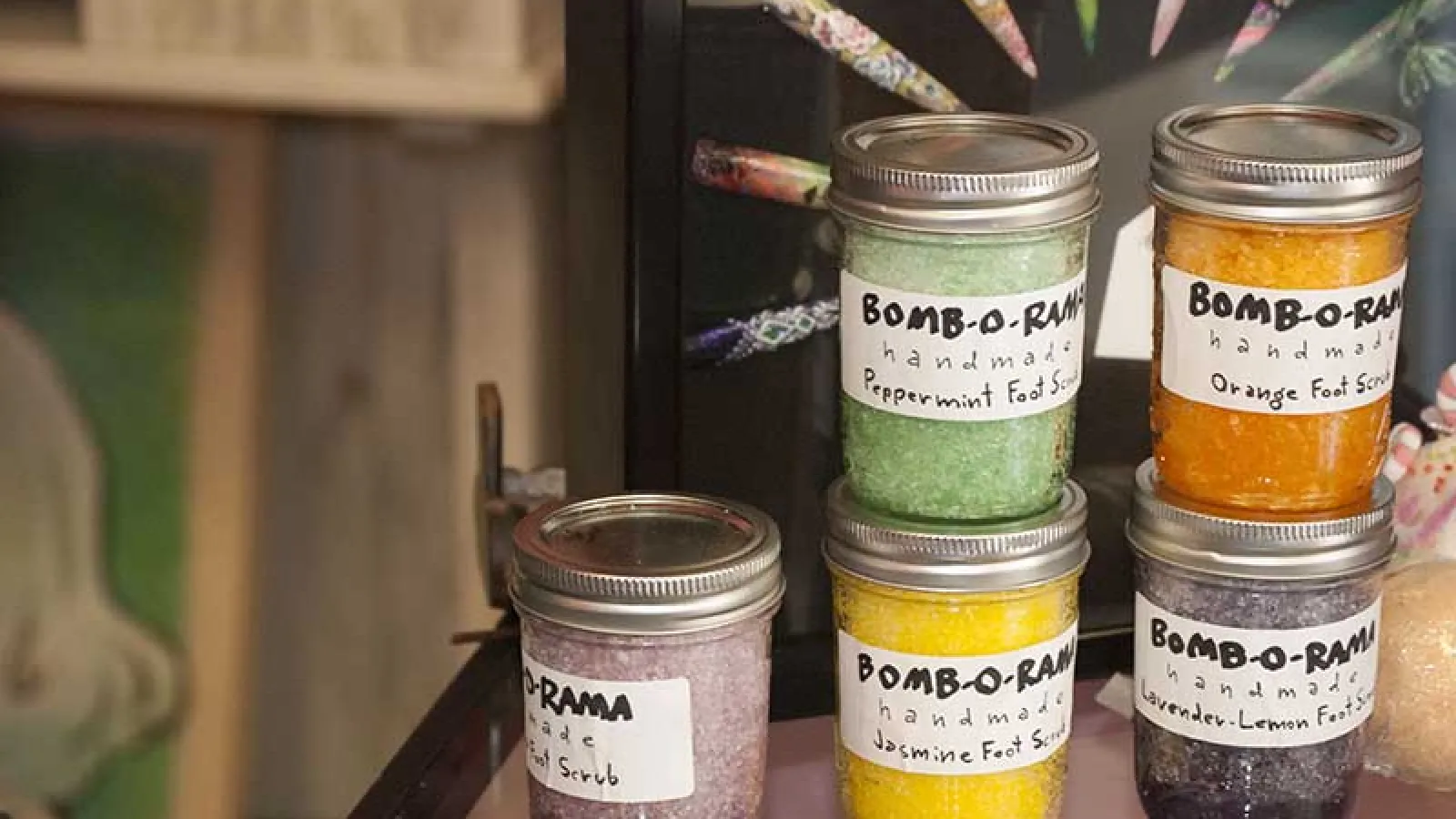 colorful jars of foot scrup salts