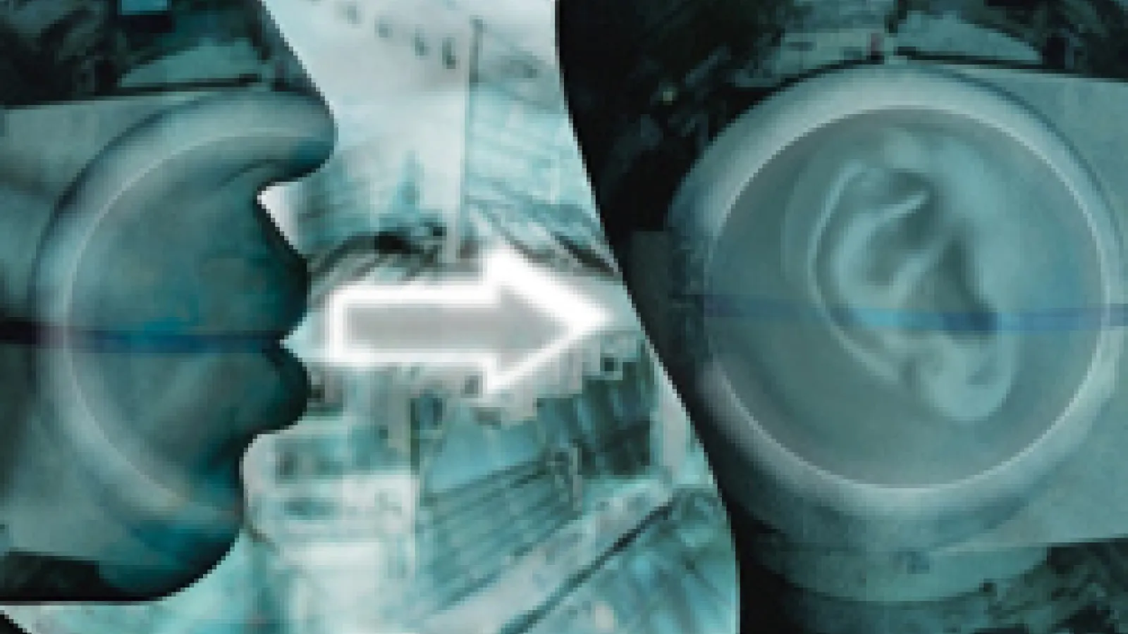 One person speaking into another person's ear