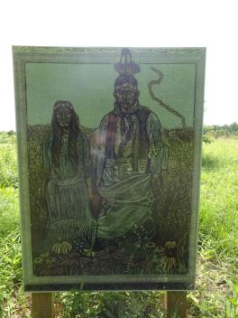 Woodcut portrait of Shawnee ancestors by Suzanne Michele Chouteau in Woodcock Nature Preserve