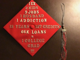 1 ex. 2 kids. 9 jobs. 1 husband. 1 addiction. 13 years. 127 credits. 66k loans. equals 1 college grad!!!