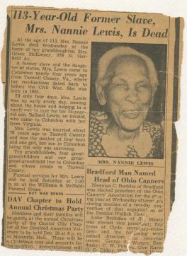 newspaper article titled "113-Year-Old Former Slave, Mrs. Nannie Lewis, Is Dead"