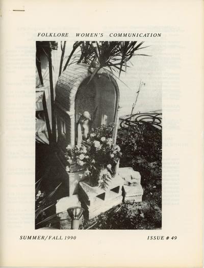 Cover of Issue 49 of Feminist Women's Communication 1990. Cover photo is of an altar