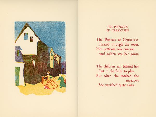 Block Print Illustration and Poem of The Princess of Cramousie from "Whispers", a Capricornus publication. The poem reads: "The Princess of Cramousie/Danced through the town./Her petticoat was crimson/And golden was her gown.//The children ran behind her/Out in the fields to play,/but when she reached the meadows/She vanished quite away.
