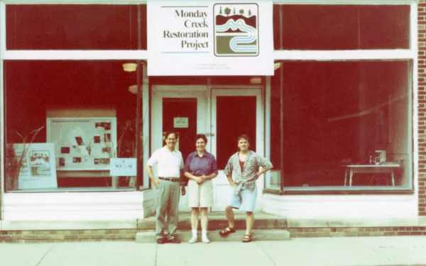 An archival photo of the early days of the Monday Creek Restoration Project in New Straitsville, Ohio