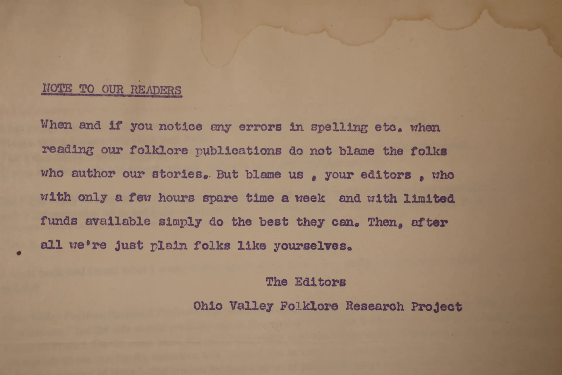 An editors' note to the readers of the Ohio Valley Folk Publications
