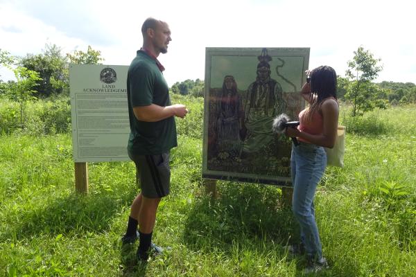 Student Angel Evans conducts interview