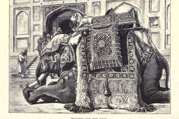 Black and white illustration of an elephant lying in the street with a carpet and structure on its back