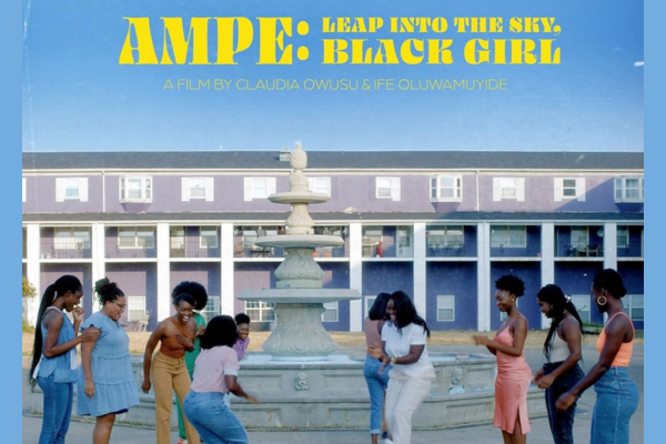 Ampe Leap in the Sky movie poster showing a group of girls dancing and clapping in a big concrete plaza