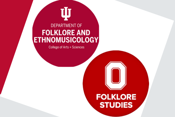 Red and white logos of the Department of Folklore and Ethnomusicology at Indiana University and the Department of Folklore Studies at The Ohio State University