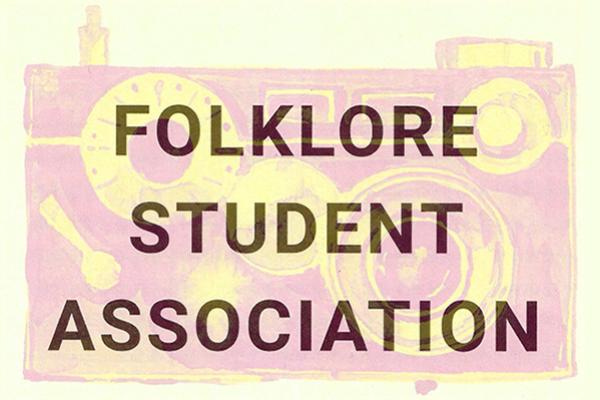 The Folklore Student Association (FSA) logo, a pink print of a camera on a yellow background
