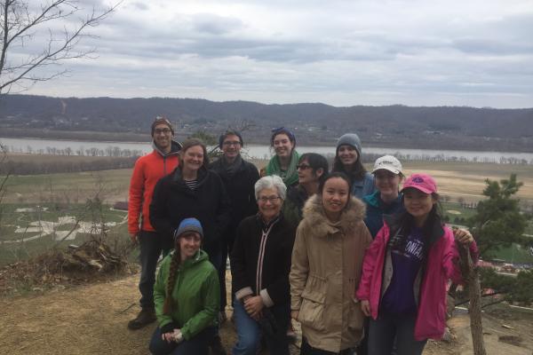 2018 Ohio Field School students w/ community partner, Barb Bradbury, on top of Raven Rock