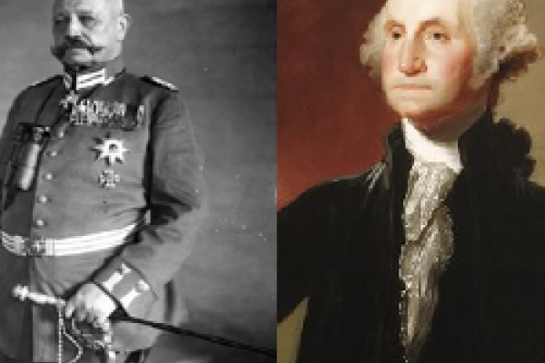 Portrait comparisons of 2nd President of Germany, Paul von Hindenburg (left) and 1st President of USA, George Washington (right)