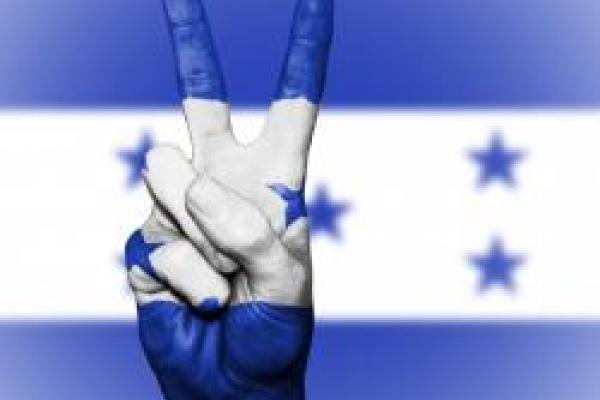 Honduran flag with a person's fist rising up 