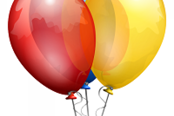 Three colored balloons (red, blue, yellow) representing the word, congrats