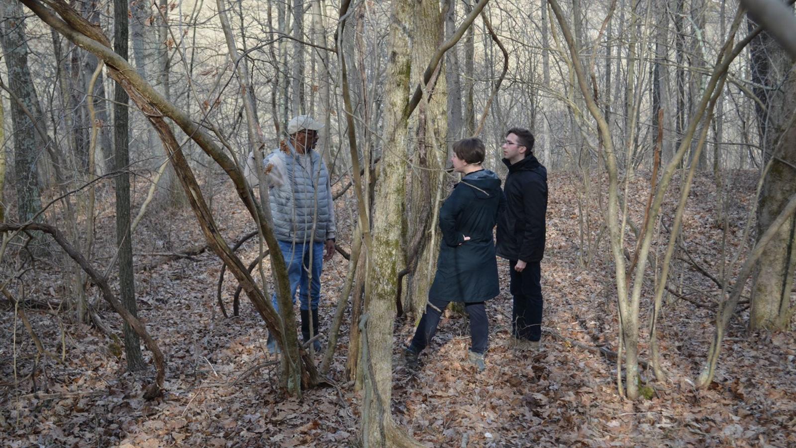 Harry, Lydia, and Jacob in conversation in the woods behind the cemetery.