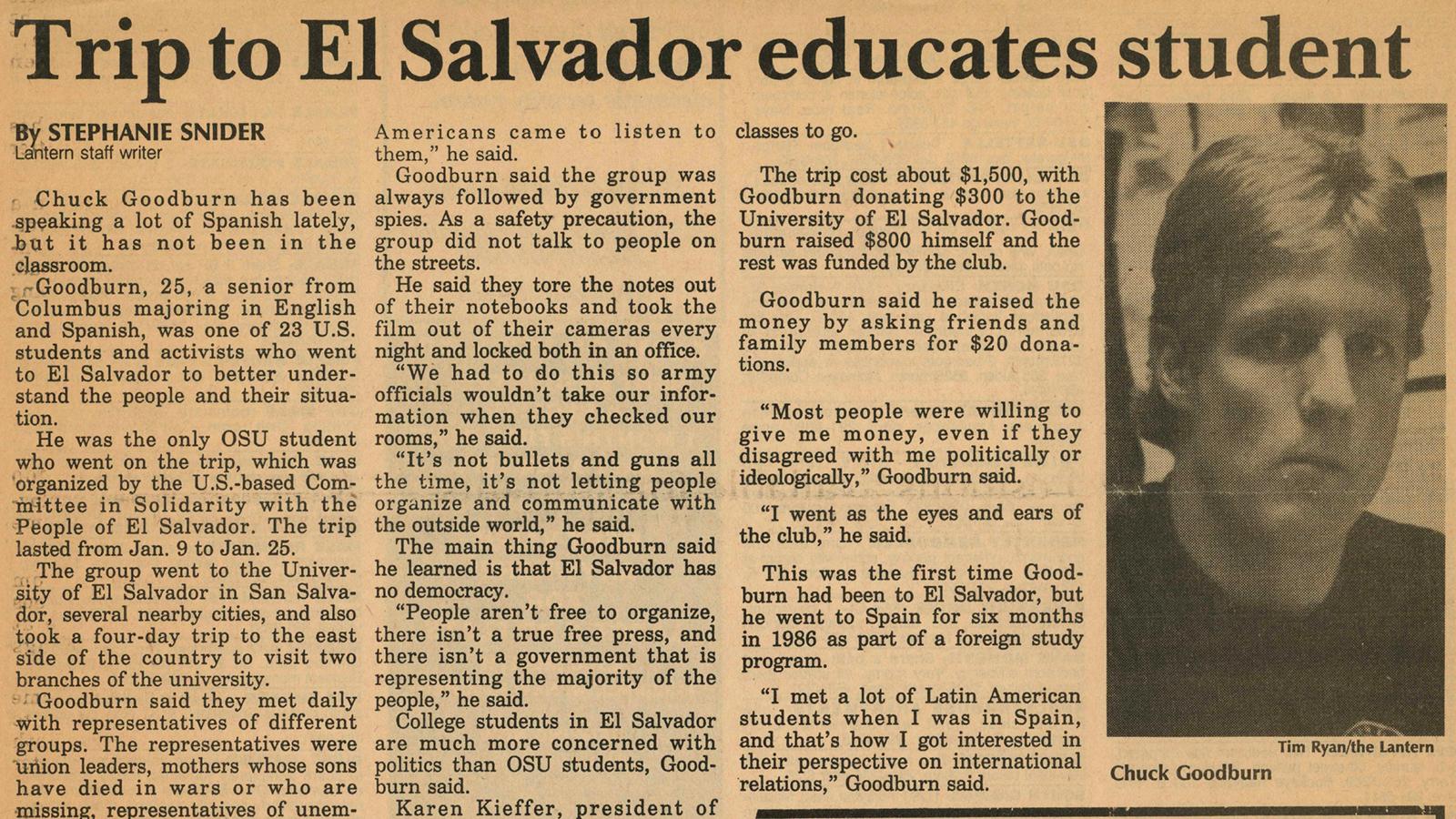 Newspaper clipping about Goodburn's trip to El Salvador
