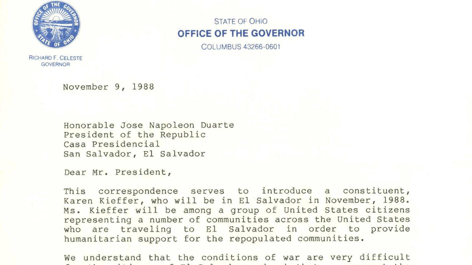 1988 Letter from the Governor of Ohio