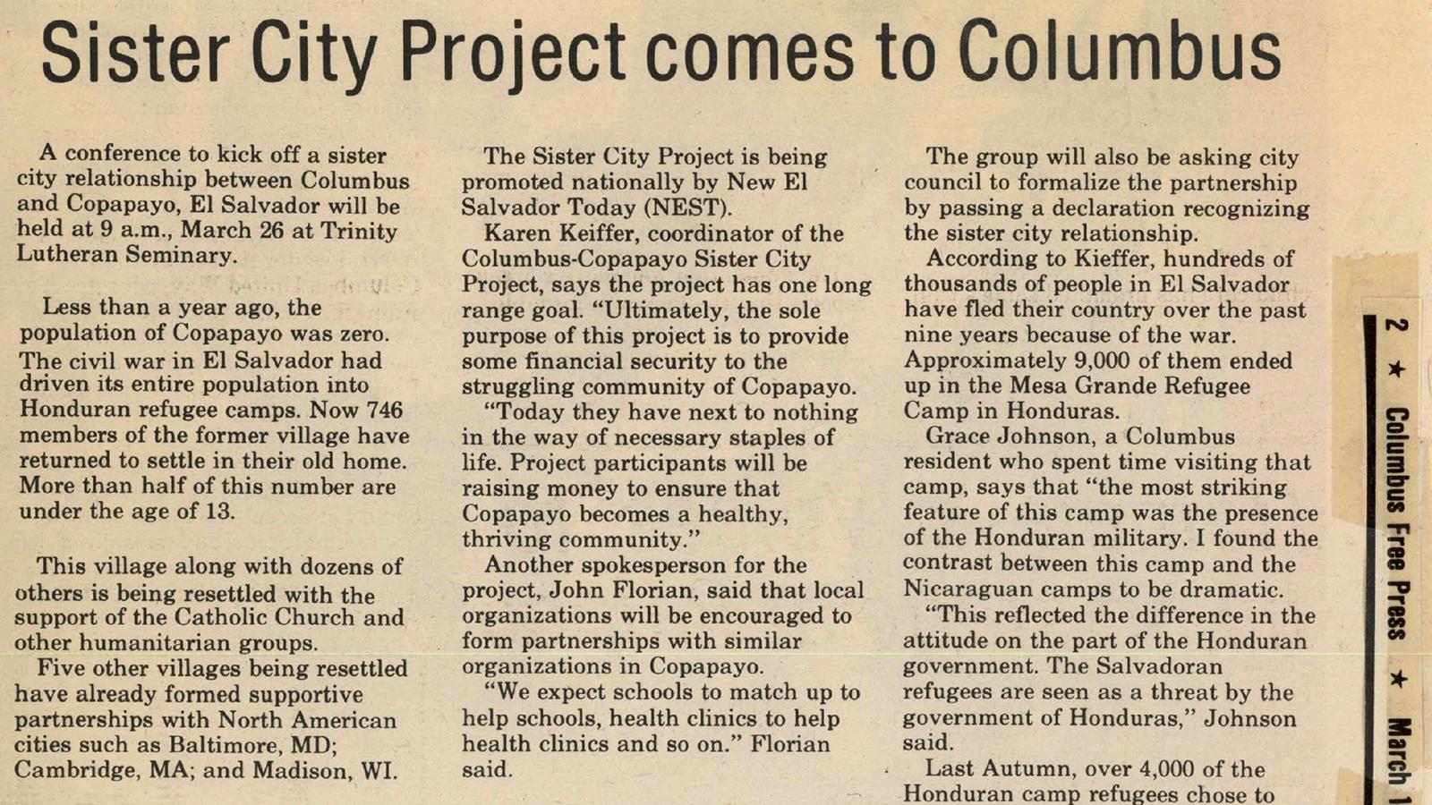 Newspaper clipping about Columbus Sister City Project